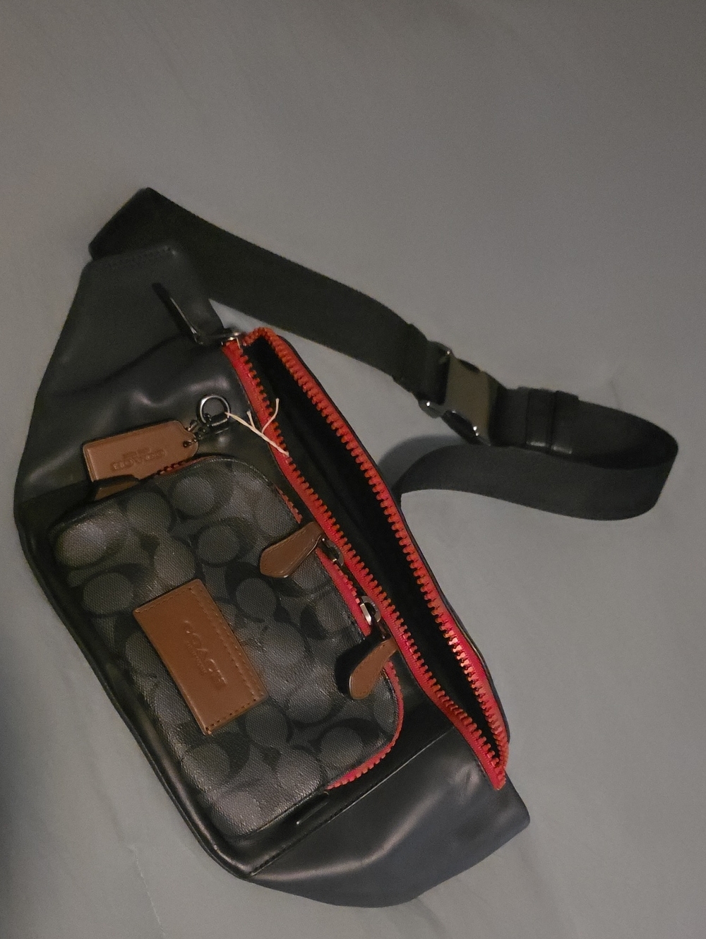Coach Black Signature Belt Bag with Brown Trim and Red Zipper